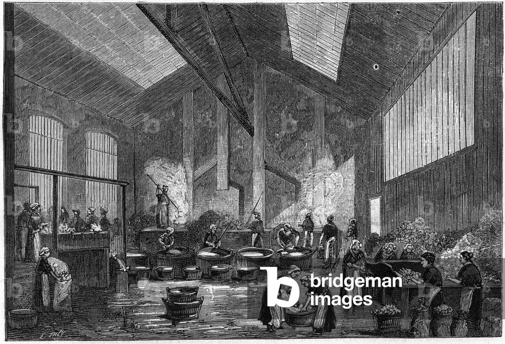 Glass triage workshop, rue de Crimee in Paris. Engraving in “” La Nature: revue des sciences et de leurs applications aux arts et a l'industrie”” of 18 July 1891.