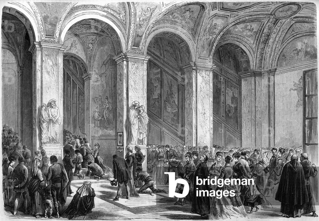 Rome, 1870: the “Scala Santa” (Holy Staircase) of the Church of St. John Lateran. The faithful kneel down the steps of the sanctuary. Engraving in “” Le Monde Illustré”” n°678 of 9 April 1870.