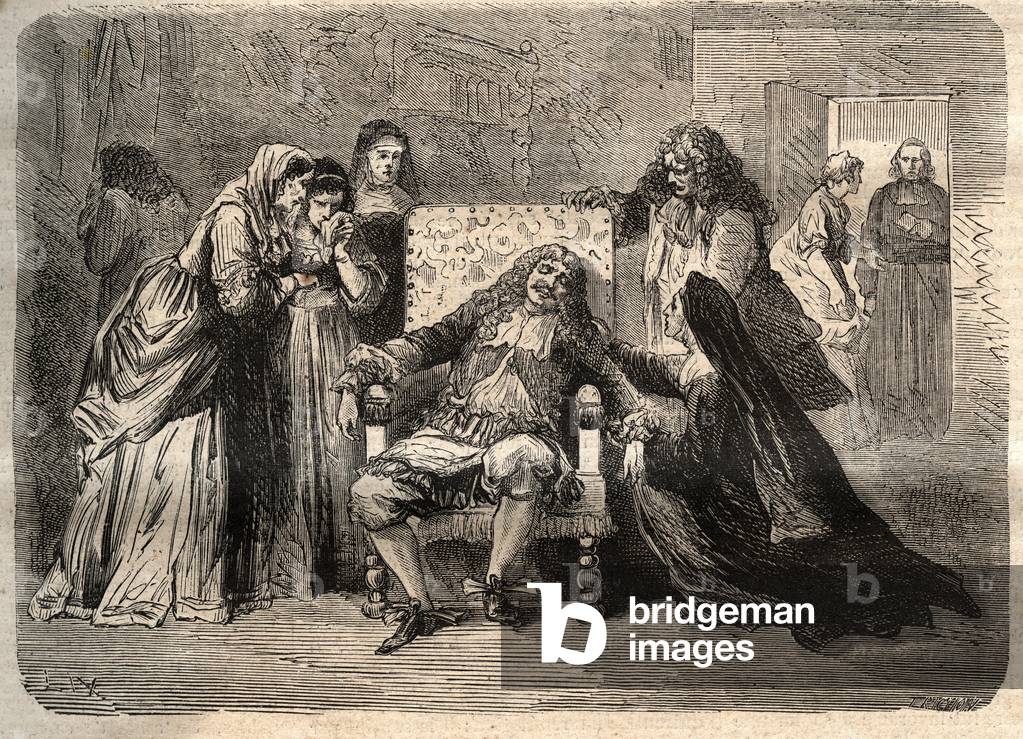 Death of Moliere - Death of Jean Baptiste (Jean-Baptiste) Poquelin, dit Moliere (1622-1673), February 17, 1673, assist his wife, Armande Bejart (1641-1700) engraving in “” Dictionnaire populaire illustrious”” - 1864 - by Joseph Decembre and Edmond Allonier -