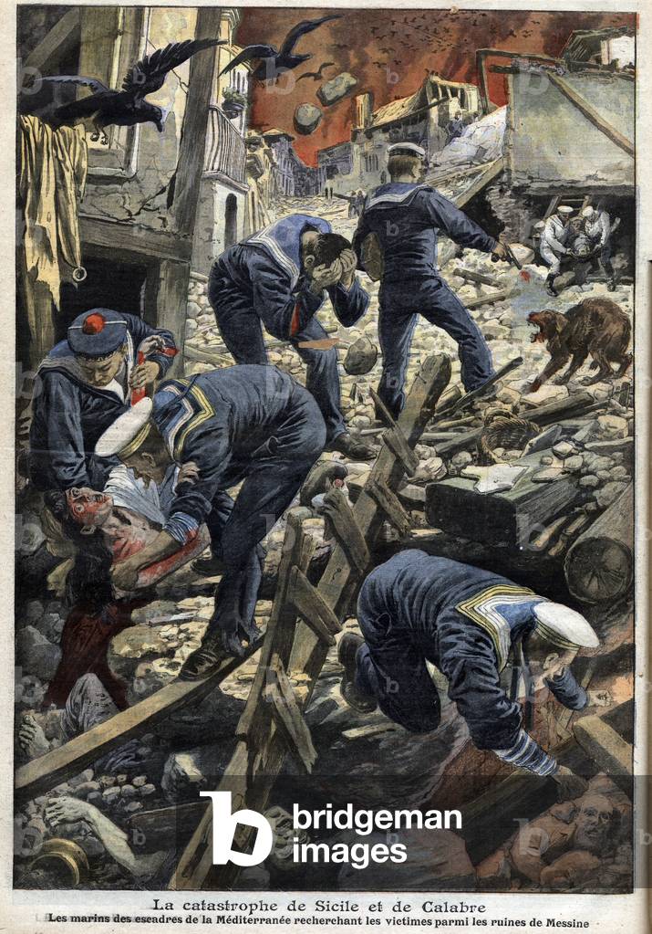 Sailors looking for victims among the ruins of Messina after the earthquake, Le Petit Journal, January 1909 (engraving)