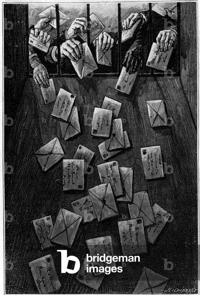 Parisians deposit their mail at the main post office on Rue de Louvre before the last morning. Engraving in the journal of “” La jeunesse””, 1886.