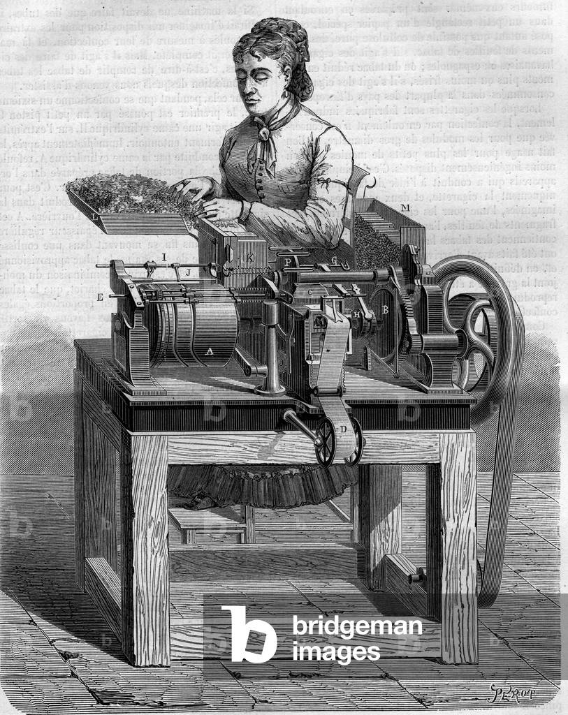 New cigarette-making machine at the Quai d'Orsay tobacco factory in Paris. Engraving in “” La Nature””, 1878. Private collection.