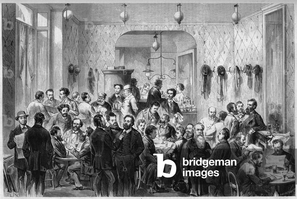 View of the “Cafe du Levant”, in Geneva, meeting place for the refugies of the Paris Commune and the Lyon Commune. From left to right are represented: Masse, Sirdey, Andignous, Jules Frantz, Jules Moutils, Gaillard (father and son), Perrare, J. Guesde, L. Marchand, Lefrancais, Bozier, Lacour, Bruyat, Mielnickl, Colonna, J. Miot, Welty, Maien, Fesneau, E. Razoua, Fouet and Noro. Engraving in “” Le Monde Illustré”” n°785 of 27 April 1872.
