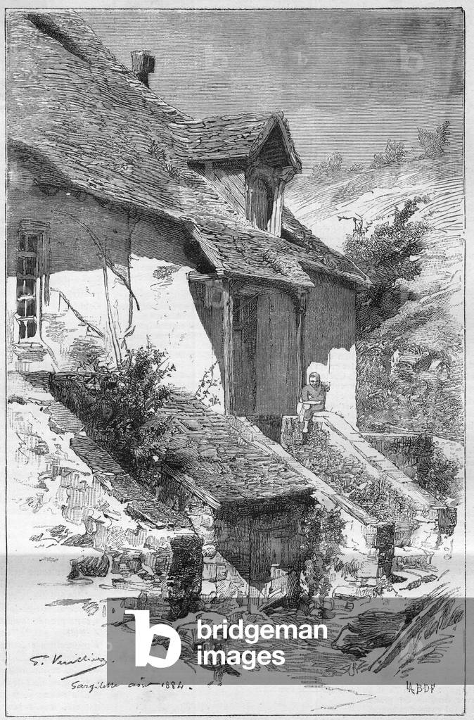 Maison de George Sand (Aurore Dupin, Baronne Dudevant) (1804-1876), ecrivain francaise, a Gargilesse (Indre) sur les bords de la Creuse en France. Gravure in 