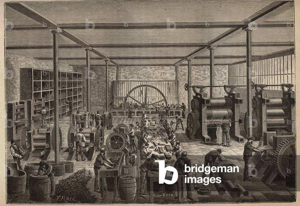 Rubber: rubber factory. Engraving from 1885 in “” Les arts et metiers illustres”” by Adolphe BITARD.