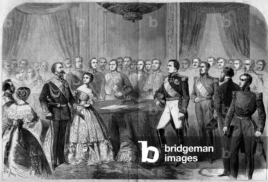 Marriage of Prince Napoleon (1822-1891) and Princess Clotilde of Savoy (1843-1911), 1859: signature of the marriage contract in the presence of the brides, King Victor Emmanuel II (Vittorio Emanuele) (Victor-Emmanuel) (1820-1878) and General Adolphe Niel (1802-1869). Palace of Turin, Italy, January 23, 1859. Based on a drawing by Mr. Riou. Engraving in “” Le Monde Illustré”” n°96 of 12 February 1859.