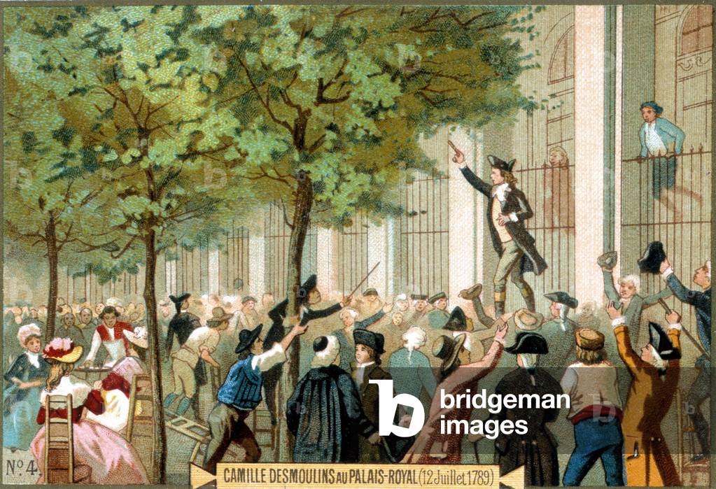 Camille Desmoulins at the Palais Royal (12/07/1789). Chromolithography 19th century. - French Revolution/Camille Desmoulins calls for a storm on the Bastille, Paris, 12 July 1789.