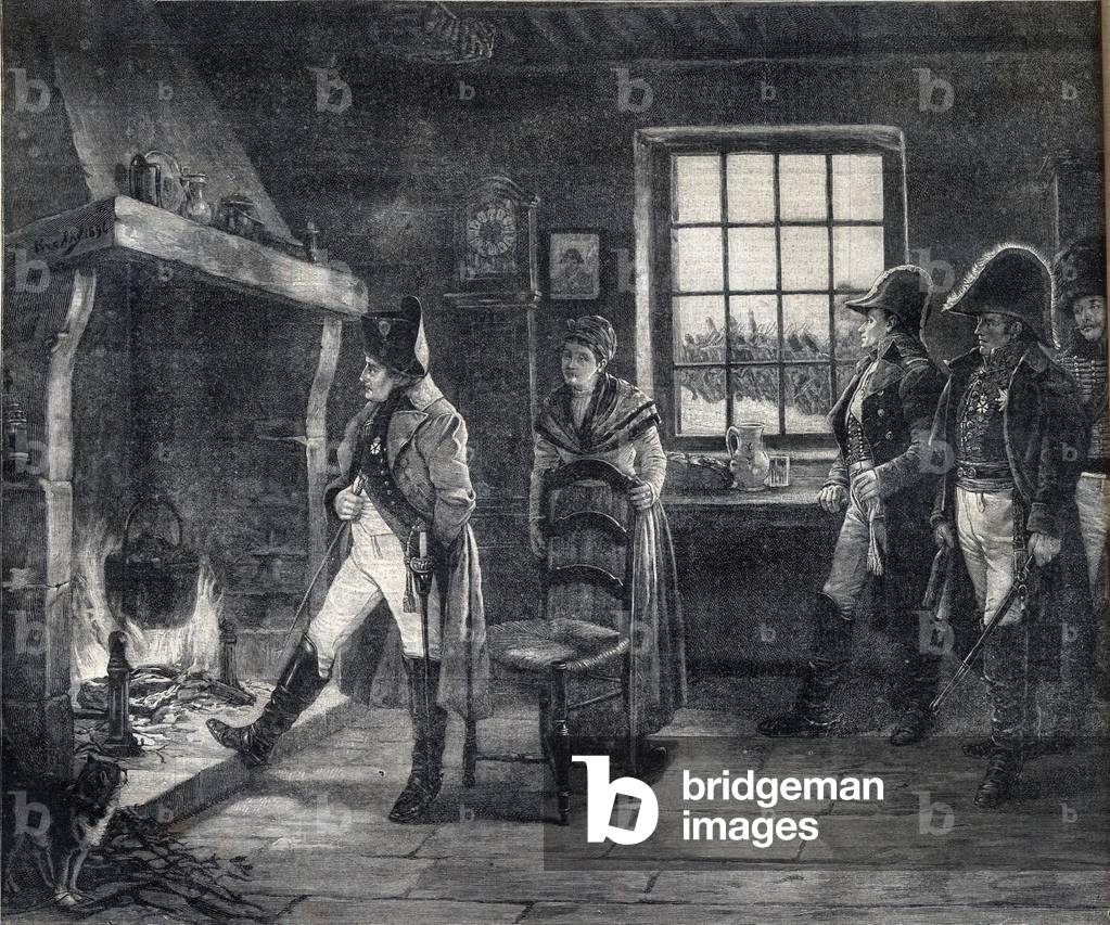 Emperor Napoleon I heating himself by a wood fire in a snow landscape - Napoleon after the Battle of Waterloo 