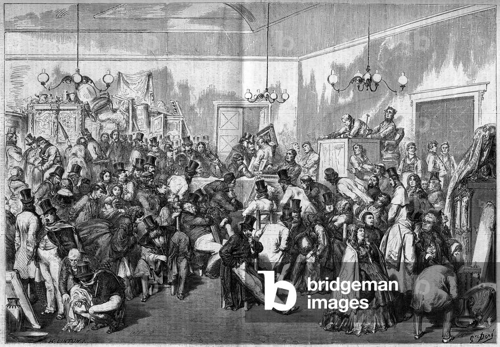 Sale of art objects at the Hotel des Vente de Paris, 1859. Engraving in “” Le Monde Illustré”” n°105 of 16 April 1859.