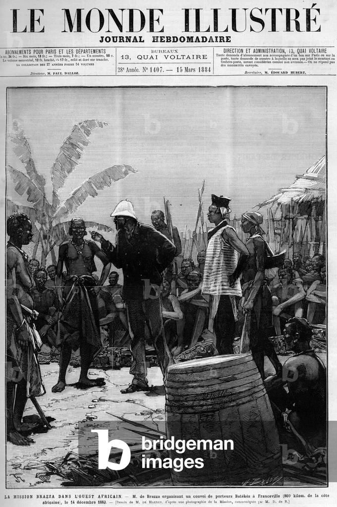 The Brazza Mission in West Africa: Pietro Paolo Savorgnan di Brazza or Pierre Paul Francois Camille Savorgnan de Brazza (1852-1905) organizing a convoy of Batekes carriers to Franceville (Gabon) on December 14, 1883. Engraving in “” Le Monde Illustré””, 1884. Private Collection