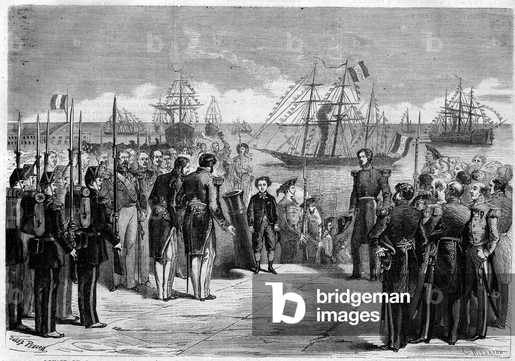 Journey of His Majesty the Imperial Prince Napoleon Eugene Louis Jean Joseph Bonaparte (1856-1879), son of Napoleon III, to Cherbourg, France: the prince on board the yacht “Queen Hortense””. Engraving in “” The Illustrious Universe””, 1868. Private collection.
