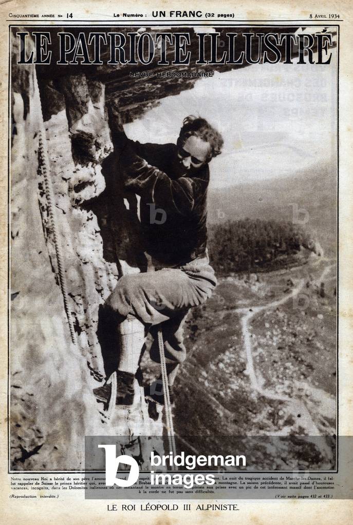 Portrait of the King of Belgium Leopold III climbing the mountain of the Dolomites, 1934 (print)