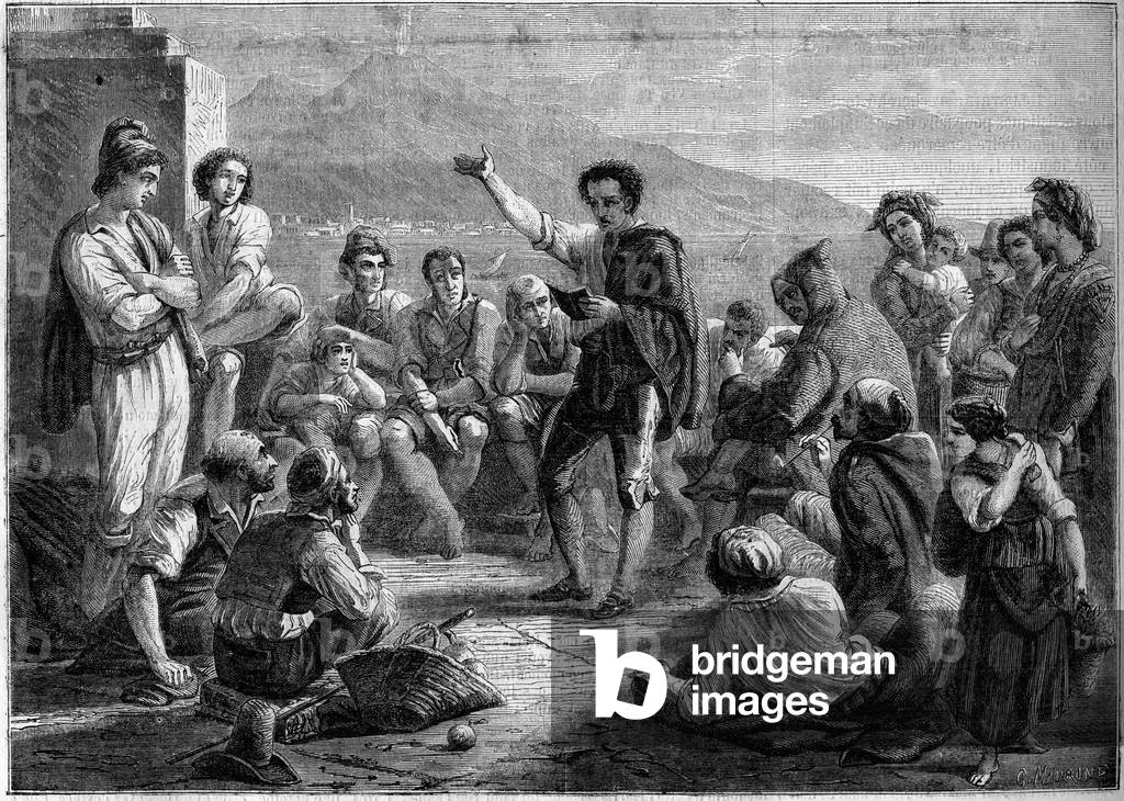Public reading on mole in Naples, Italy, 1860. From a painting by Collin. Engraving in “” Le Monde Illustré”” n°160 of 5 May 1860.