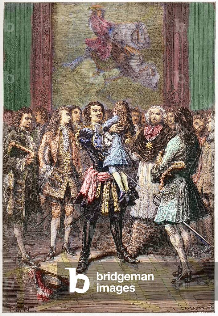 The Russian tsar Peter I the Great (1672-1725) holding King Louis XV in his arms in Versailles in 1717 - PETER I (1672-1725) Czar of Russia, 1682-1725 embraces the young King Louis XV at Versailles palace during his visit to France in 1717 - engraving from “” L'histoire de France racontee a mes grandenfants”” - by Francois Guizot - 1872-1876