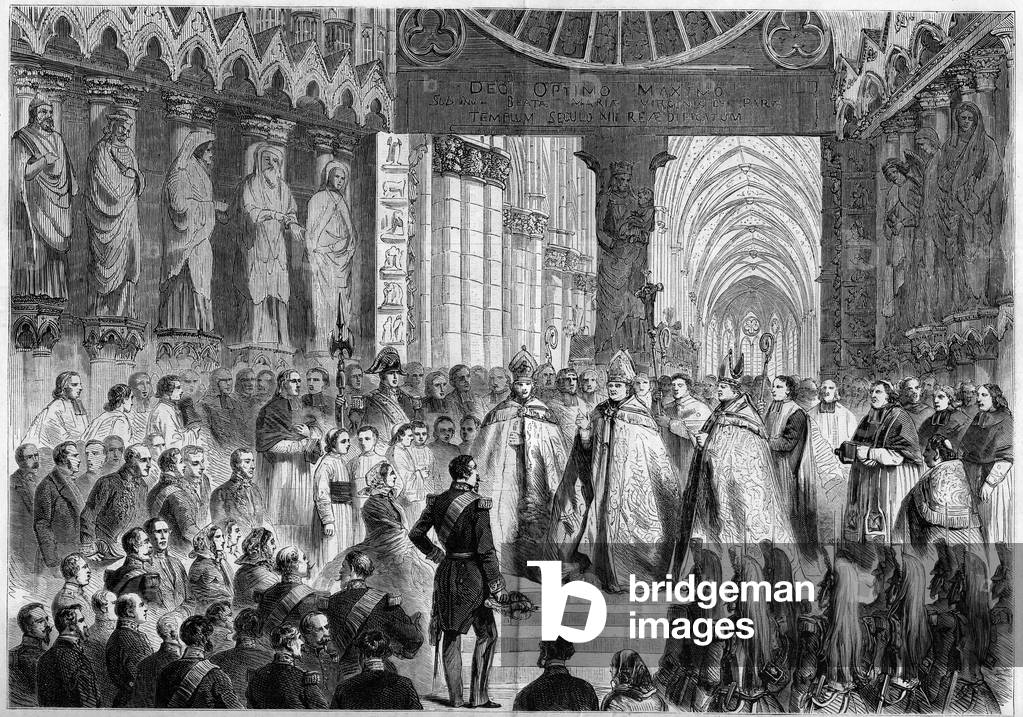 Visit of Napoleon III (1808-1873) and the Impress Eugenie (1826-1920) to Reims, 1858: handed over the keys of the city to the Imperial couple by the Archeveque of Paris, Francois Nicolas Madeleine Morlot (1795-1862), in the cathedrale of Reims (Marne, 51). Engraving in “” Le Monde Illustré”” n°80 of October 23, 1858.