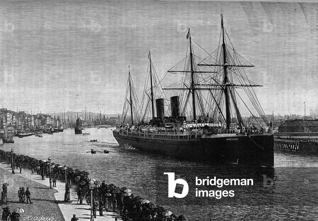 The transatlantic liner “” La Gascogne”” in the port of Le Havre in 1887. Engraving in the illustrious journal “” La jeunesse””, 1887.