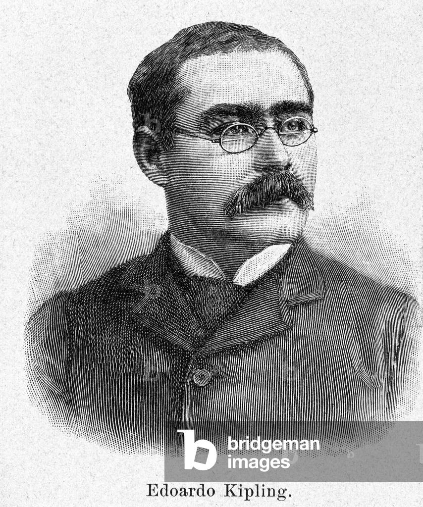 Portrait of Rudyard Kipling (1865-1936), British novelist and poet, engraving 19th century.