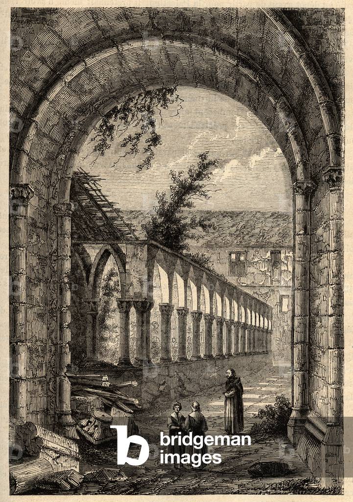 Old cloister of the covent Cordeliers or Saint-Francois de Quimper end of 19th century (engraving)