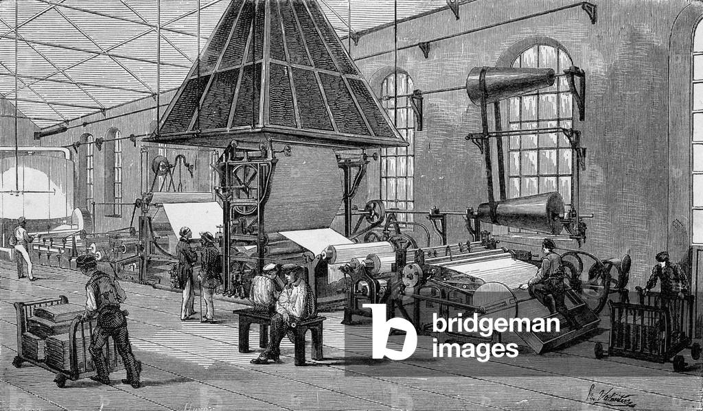 Machine for making continuous paper. 19th century engraving.