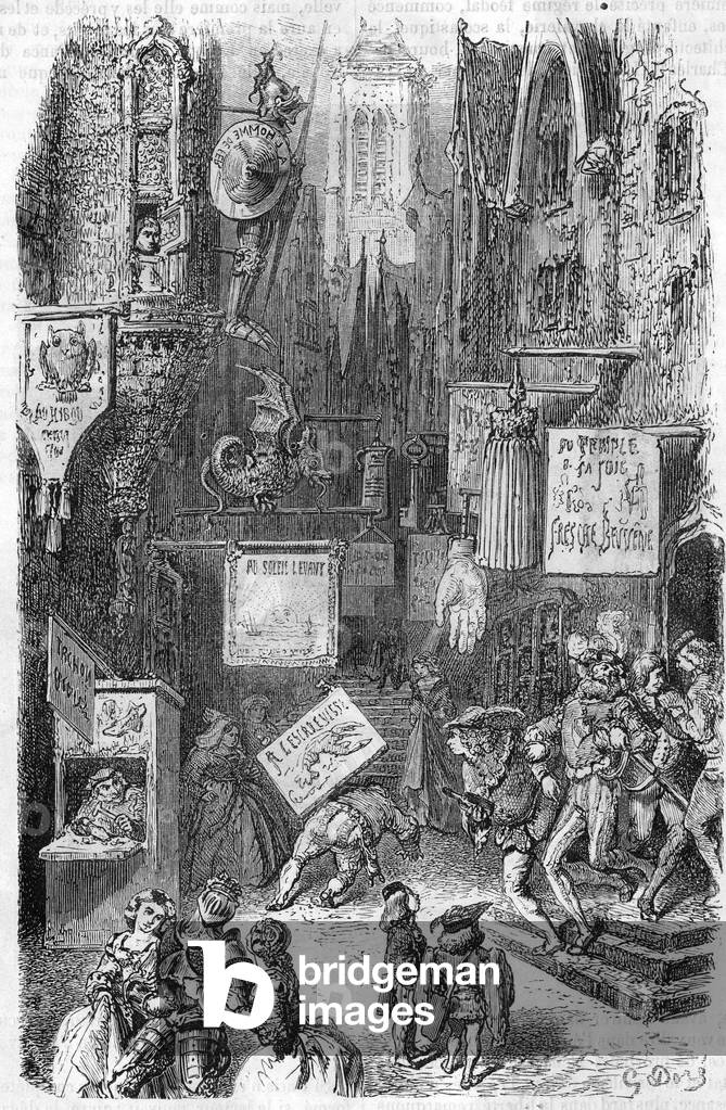 Street scene in the Middle Ages. 19th century engraving.