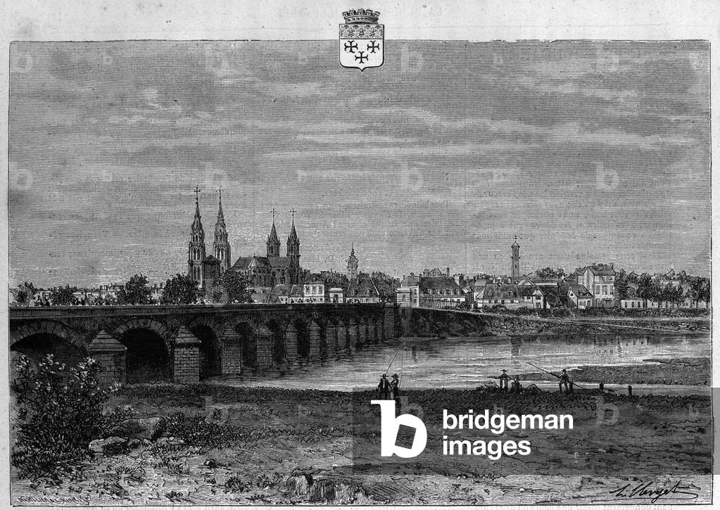 View of the town of Moulins in the Allier. Engraving from 1880 in “La republique illustree”” private collection.