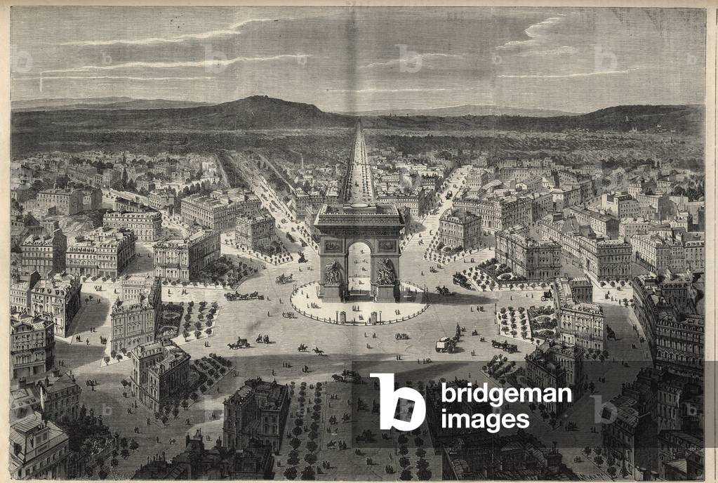 Transformations of Paris under the Second Empire, Haussmann Paris: general view of the roundabout of Place de l'Etoile. Engraving in “” L'Univers illustrious””, 1868.