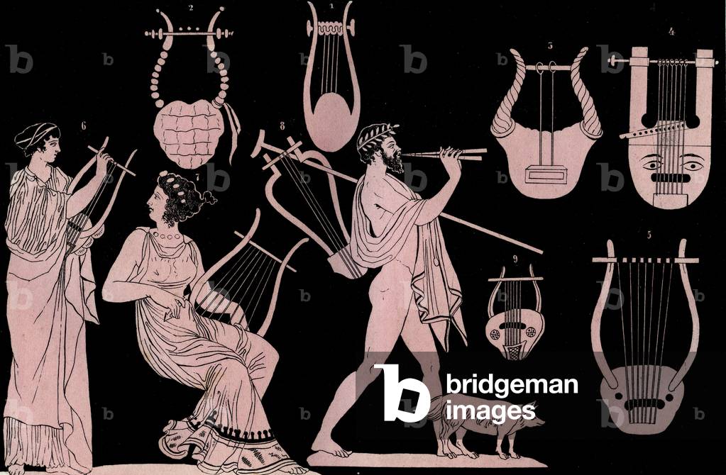 Ancient Greek musical instrument: Lyre and Cithara (cithare) (kithara) - engraving from “” Usi e Costumi di Tutti i Popoli dell'Universo. Ovvero Storia del governo, delle leggi, della milizia, della religione di tutte le nazioni dai piu remoti tempi fino ai giorni nostri” 1856