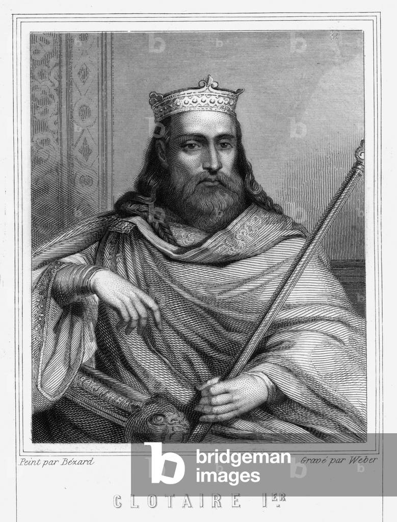 Portrait of Clotaire (Clothaire) I (497 - 561), King of Neustria and King of the Francs - in “Histoire des Français”” by Lavallée, engraving, sd., 19th century.