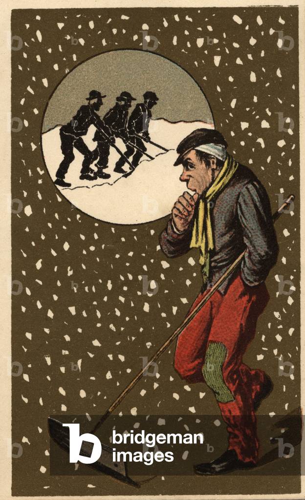 A snow collector with his shovel. Anonymous chromolithography, late 19th century.