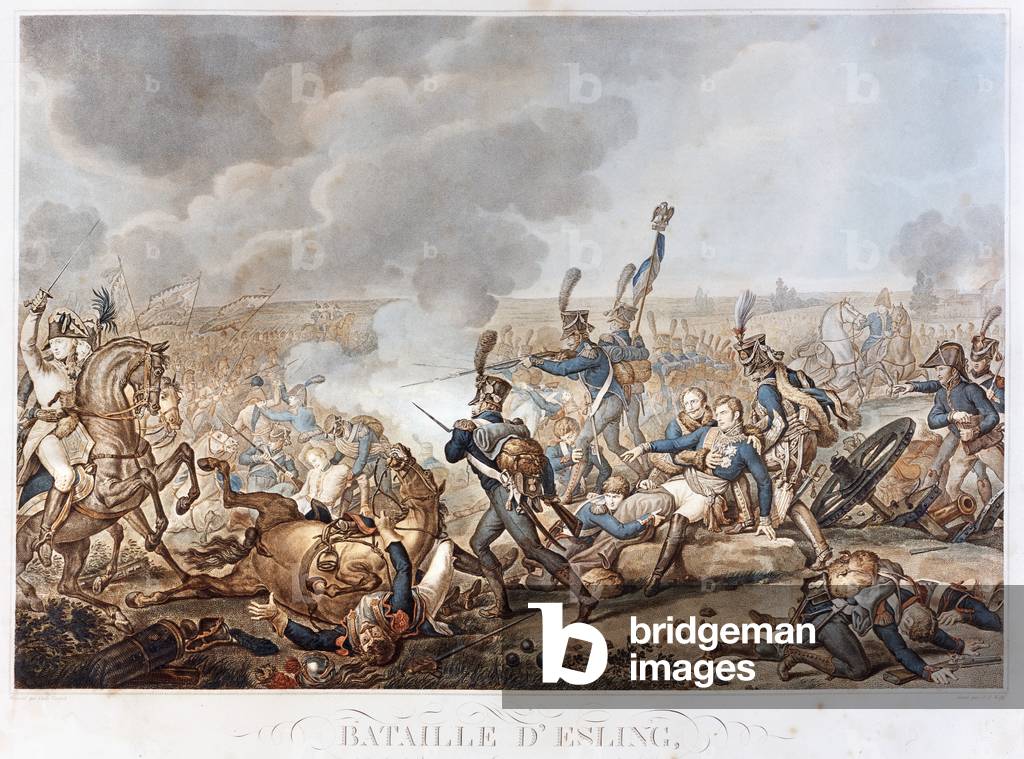 Representation of the Battle of Esling on May 22, 1809, between the Austrians of Archduke Charles of Habsburg and the French army of Napoleon I. This battle led to the death of the Duke of Montebello. Engraving 19th century.