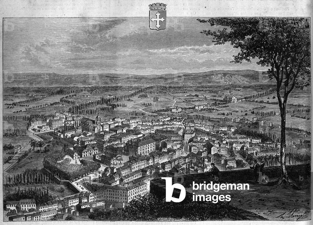 View of the city of Bourg in the Ain. Engraving from 1880 in “La republique illustree”” private collection.
