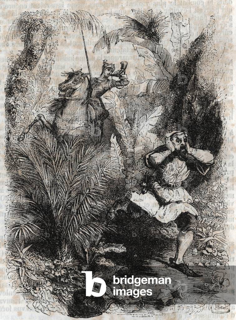 Astolphe makes Caligorant flee - 1851 engraving from “” Furious Roland”” (Orlando furioso) (16th century) by Ludovico Ariosto, known as the Ariosto - Edition translated from Italian by the Count of Tressan and published by Gustave Harvard 1851