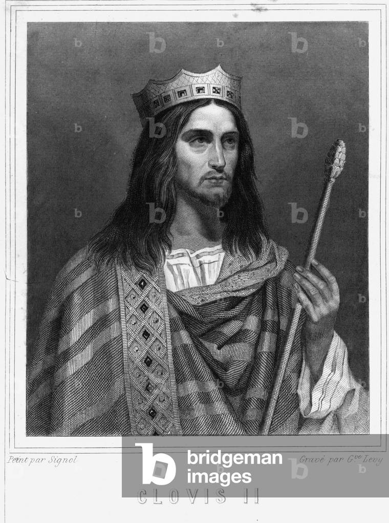 Portrait of Clovis II (? - 657), King of Neustria, Burgundy and Austrasie - in “” Histoire des Français”” by Lavallée, engraving, sd., 19th century.
