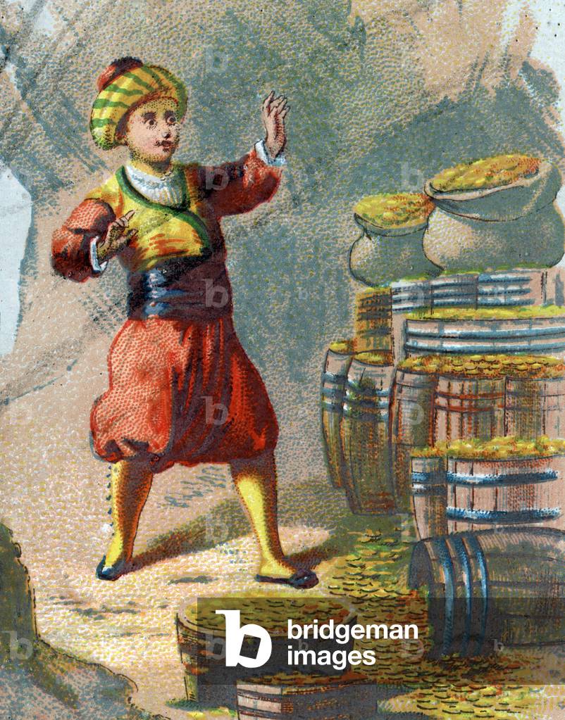 Ali Baba enters the cave and sees barrels of gold, from Tales of the Thousand and One Nights, 1890 (chromolithograph)
