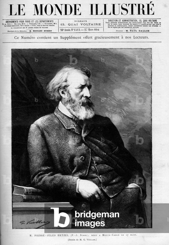 Portrait of Pierre-Jules Hetzel (Pierre Jules Hetzel, 1814-1886) French editor and writer under the name of P. J. Stahl. Engraving in “” Le Monde illustrious””, 1886. Private collection.