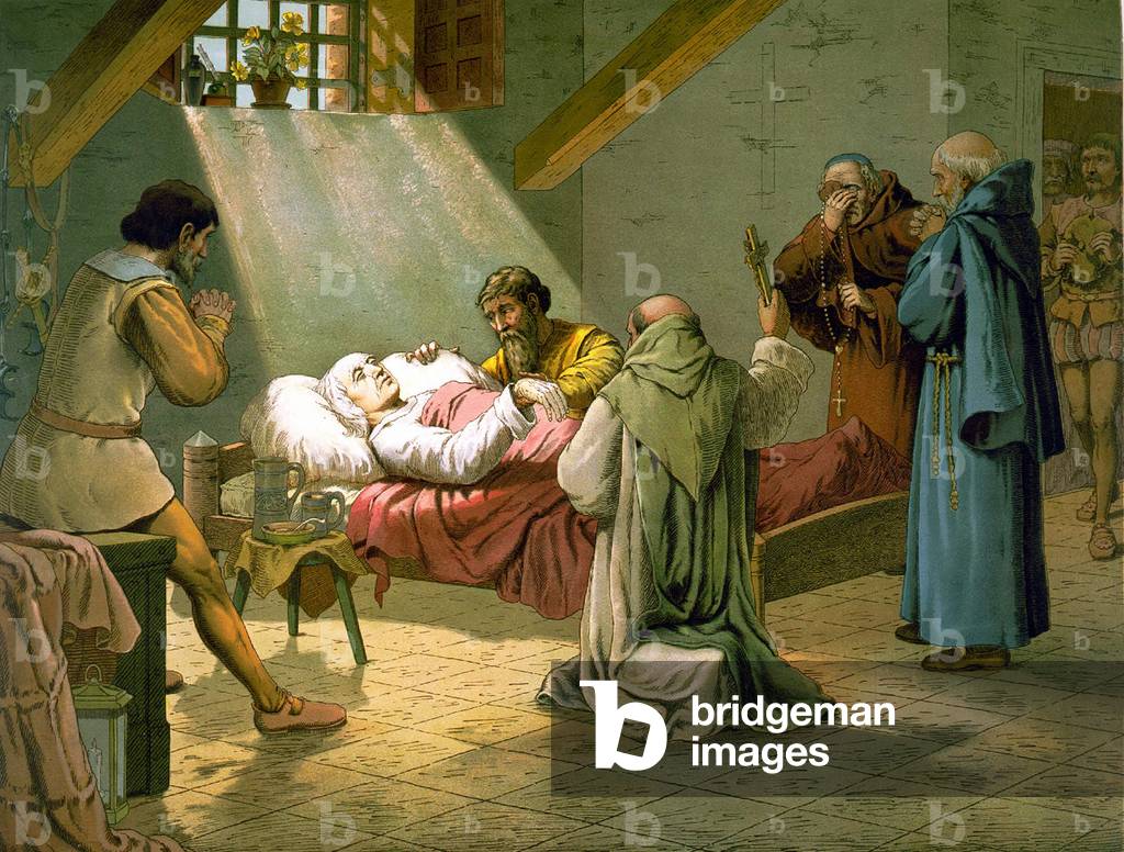 The Death of Christopher Columbus 20/05/1506. Colour engraving of the 19th century.