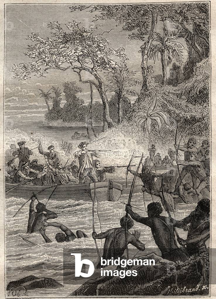 Continued with arrows: Journey by Philip Carteret or Philippe de Carteret (1733-1796) in the islands of Santa Cruz, Notemely to the island of Nendo (Santa Cruz, Ndeni, Nitendi or even Ndende), in 1767 - illustration taken from “The Great Mariners of the 18th century”, 1879 - 1 of the 3 volumes of the “General History travel and frequent travellers””” from Jules Verne