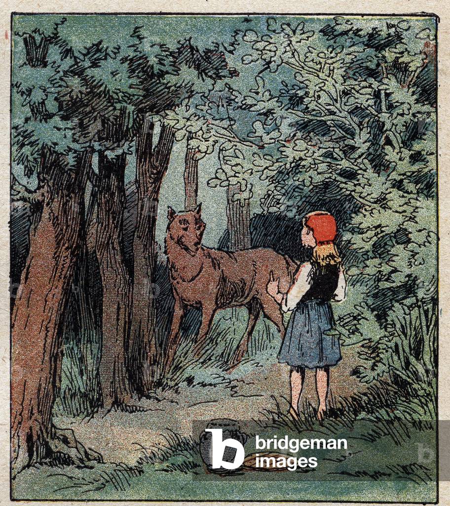 Little Red Riding Hood meets the wolf in the forest , 1900 (engraving)