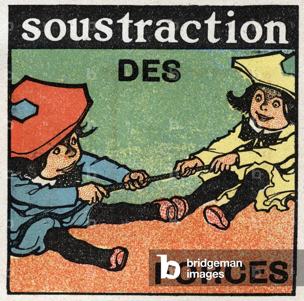 Forces: subtraction of forces. Two kids pulling a rope. 1925 (print)