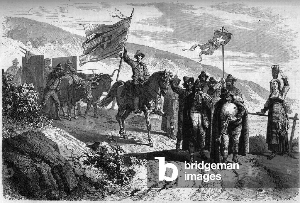 Group of “Pifferari” (beggars and walking musicians from Italy) leaving the province of Abbruzzo to Naples on the occasion of Holy Week. Engraving in “” Le Monde Illustré”” n°364 of April 2, 1864.