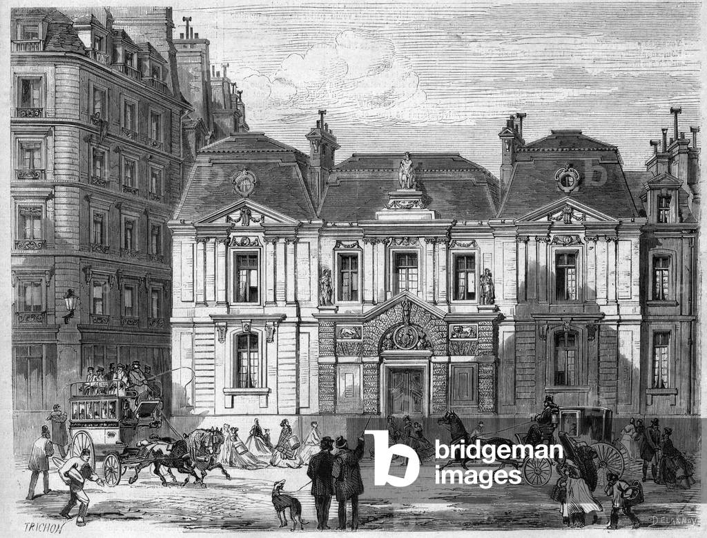 Hotel Carnavalet in the street that was then called Culture Sainte Catherine in Paris today Musee Carnavalet rue de Sevigne in the Marais district. Engraving in “” L'univers Illustrée””, 1867. Private collection.