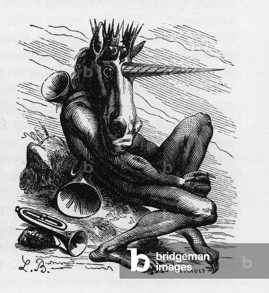 Amdusias - demon derived from goetie beliefs (art and practice of the invocation of demons), 1863 (engraving)