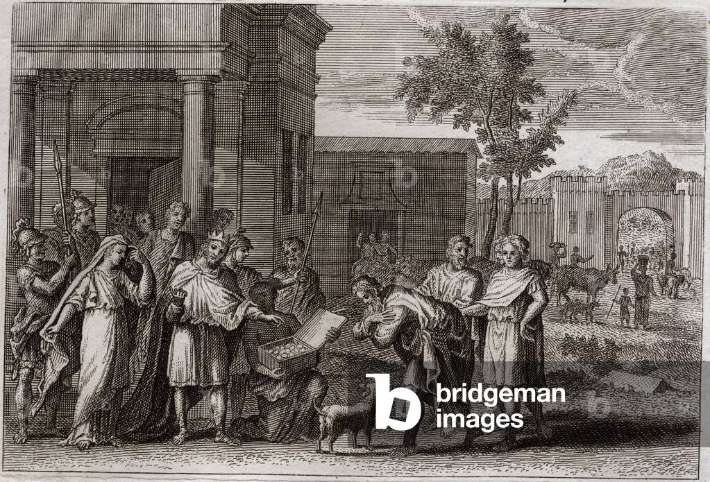 Kingdom Bible, Old Testament: Abimelech punished by God. Abimelech (Abimelec or Ahimelech or Ahimelek), King of Gerar, having taken by force Sarah (Sarah), Abraham's wife, but whom he believed to be only his sister, is deluded by God, and gives her back to Abraham without touching her. Illustration from 1811.