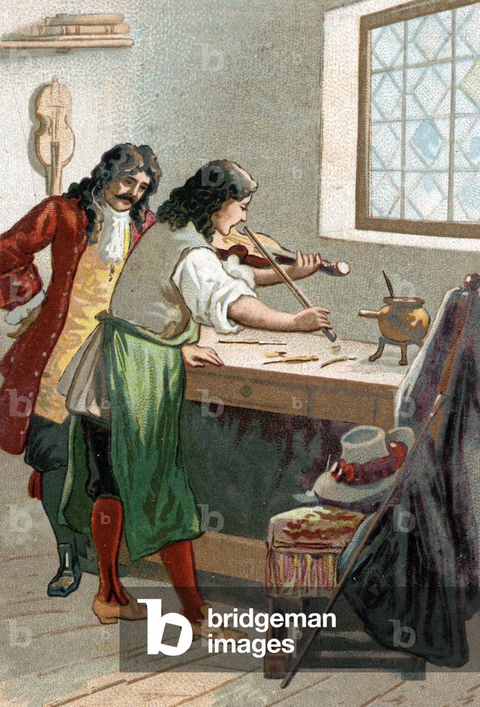 Luthier Stradivarius (Antonio Stradivari) (1644-1737) in his workshop. Chromolithography of the 19th century
