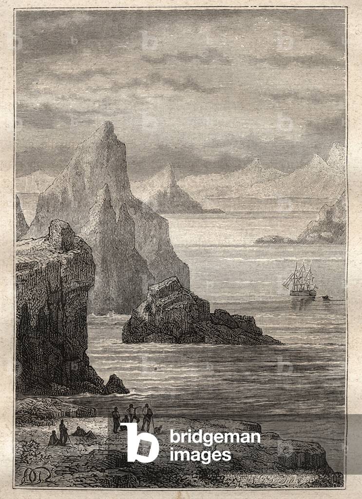 Second voyage (1772-1775) by Captain James Cook (1728-1779): view of the Noel Canal, Terre de Fuego - illustration taken from “The Great Mariners of the 18th century””, 1879 - 1 of the 3 volumes of the “Histoire generale des grands voyages et des grands voyageurs” by Jules Verne