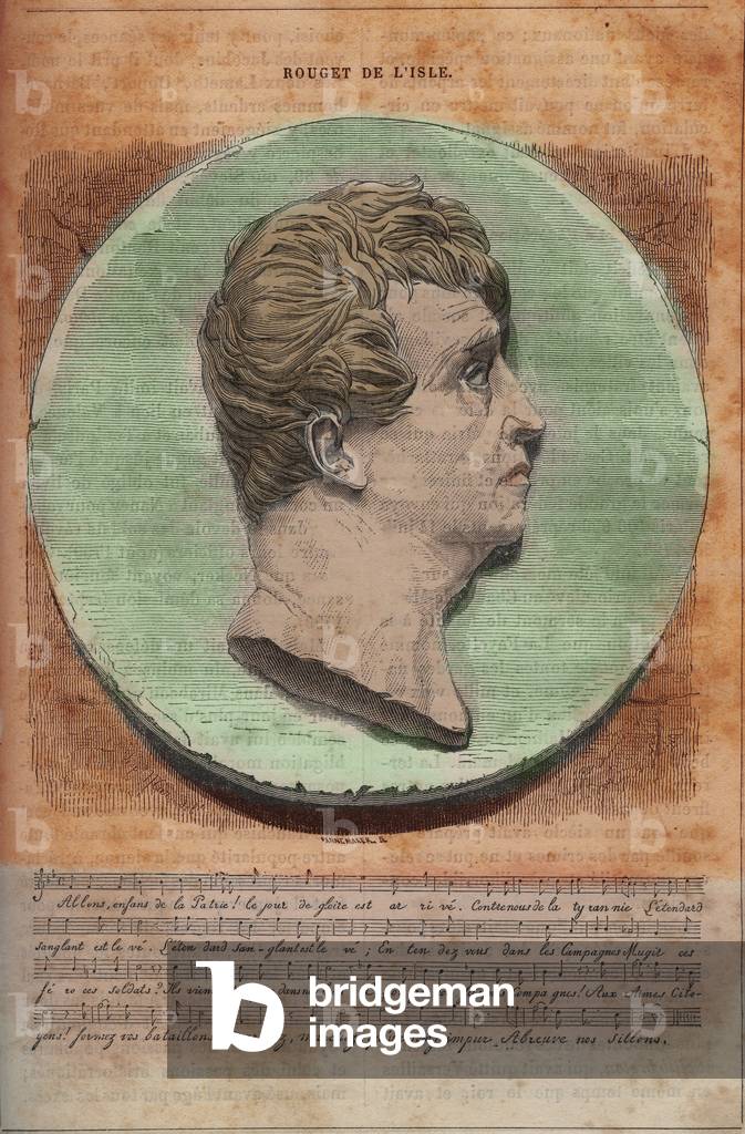 Representation of Claude Joseph Rouget de l'Isle (dit Rouget de Lisle, 1760-1836) with the lyrics and music of the Marseillaise, the French anthem. Engraving of the 19th century.