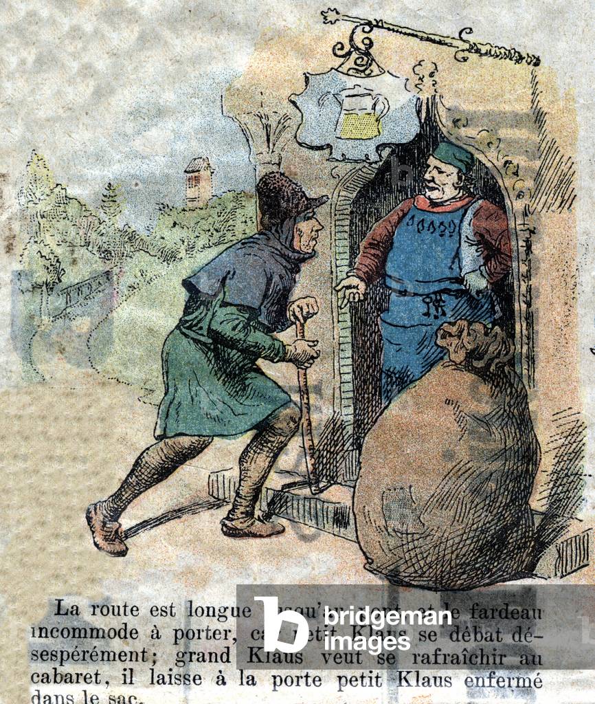 Illustration of the late 19th century for the tale by Hans Christian Andersen (1805-1875) “Grand Claus and Little Claus” (Klaus).Private collection.