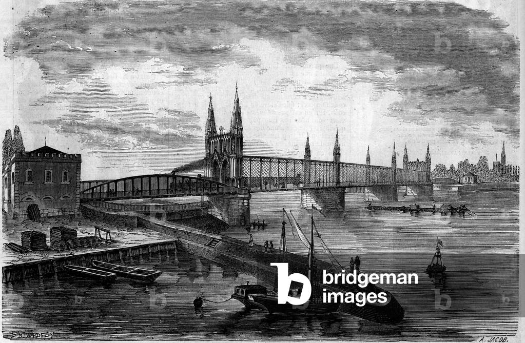 View of the railway bridge over the Rhine connecting Kehl (Germany) to Strasbourg (France), 1861. Engraving in “” Le Monde Illustré”” n°209 of 13 April 1861.