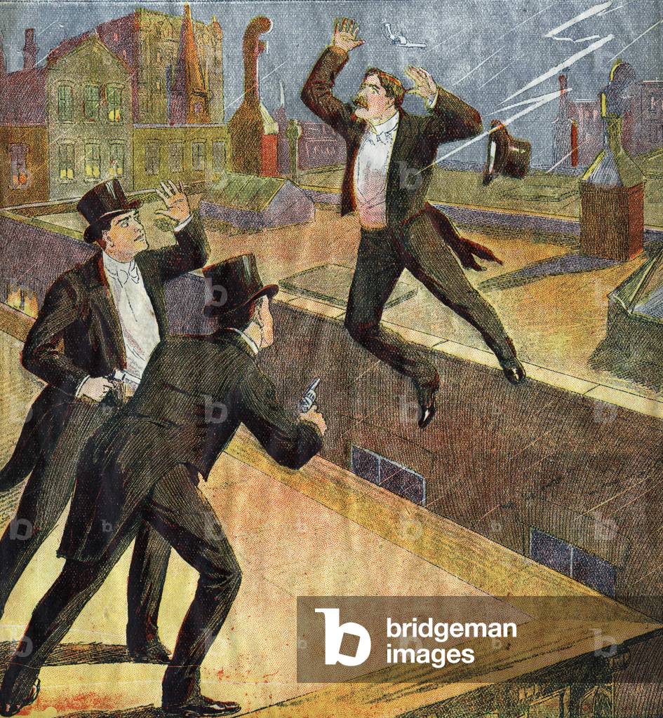 A bandit is hit by lightning as he managed to escape his two roofs pursuers, 1930 (print)