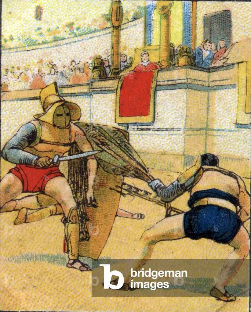 Circus Games of the Roman Empire: Battle of gladiators in an arena, 1936 (chromo)